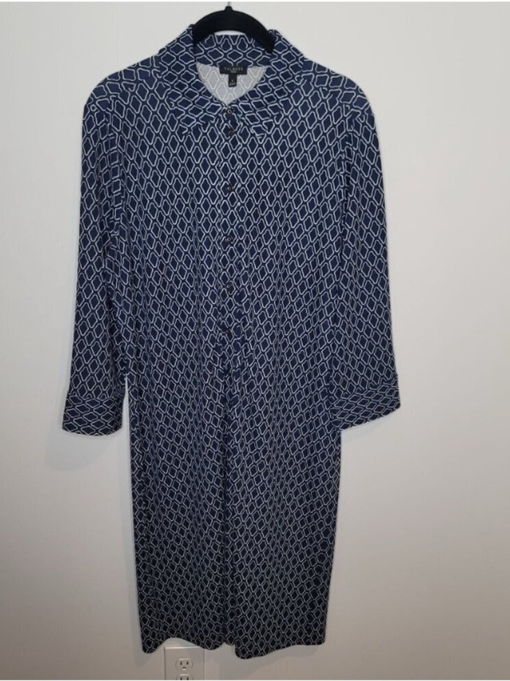 Talbots Navy and White Geometric Long-Sleeve Shirt Dress